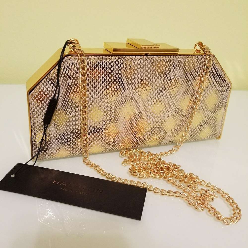 HALSTON Heritage Embossed Geo Frame Leather Clutch